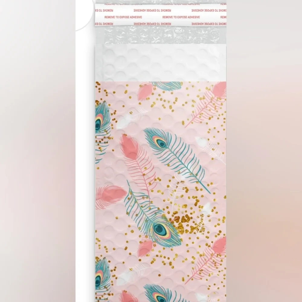 15 4x8 Pink Peacock Bubble Poly Mailers